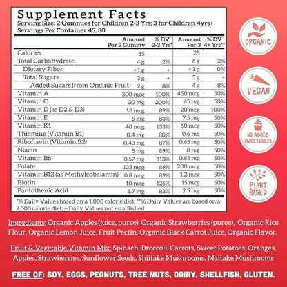 Llama Naturals Kids Multivitamin Gummies, Vegan, Organic with Vitamin D, C & K, Toddler Real Fruit Gummy Vitamins, Chewable Supplement, Whole Food Multivitamin, No Added Sugar Cane, Strawberry, 90 Ct
