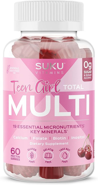 Teen Girl Gummies – Sugar Free Vegetarian Gummy Vitamins Supplement with 19 Essential Nutrients Strengthens Bones, Muscles, Enhances Energy & Skin Health – Cherry Flavor (60 Count)