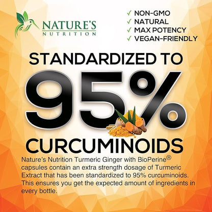 Turmeric Supplement Curcumin 2600mg - with Organic Ginger & Turmeric, BioPerine Black Pepper Extract 95% Curcuminoids - Advanced Absorption Antioxidant & Joint Support - Vegan - 120 Capsules