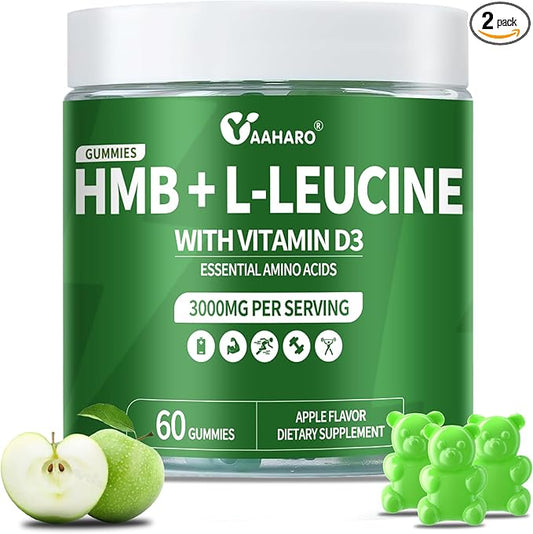(2 Pack) HMB & L-Leucine Gummies 3000mg - with Vitamin D3 for Muscle Recovery, Energy, Endurance & Muscle Mass Increase - for Men & Women - Non-GMO, Vegan, Gluten-Free, Apple Flavor - 120 Gummies