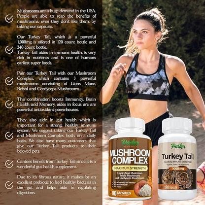 Turkey Tail Mushroom Capsules - Organic Mushroom Supplement for Immune System Health Support - 1000 mg Premium Supplements - 120 Capsules