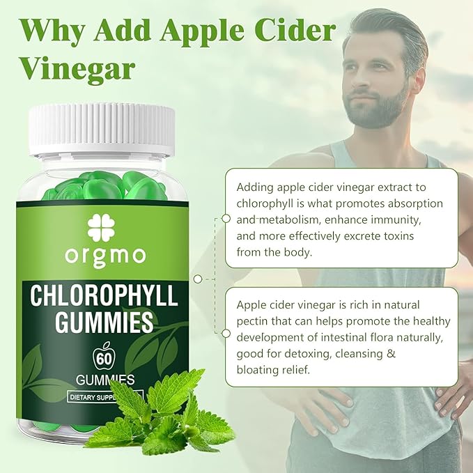 Chlorophyll Gummies Sugar Free with Unfiltered ACV & Vitamin D – Energy Boost | Immune & Digestion System Support | Internal Deodorant | Skin Care, Vegan Non-GMO
