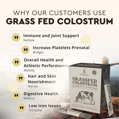 Ancestral Supplements Grass Fed Beef Bovine Colostrum Powder Packets, Immune Support Supplement, Gut, Skin & Hair Health Support Supplements, Promotes Growth and Repair, Non GMO, 30 Sticks, Unflavored