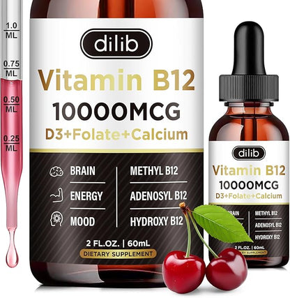 Vitamin B12 Complex 10000 mcg | Triple Liquid B-12 Drops Sublingual Supplement | Methylcobalamin & Adenosylcobalamin & Hydroxo Blend for Long-Lasting Energy and Healthy Metabolism Cherry Flavor, New