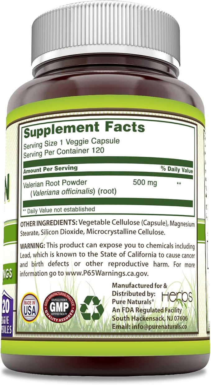 Pure Naturals Valerian Root Supplement | 500 Mg | Veggie Capsules | Non-GMO | Gluten Free | Made in USA (120)