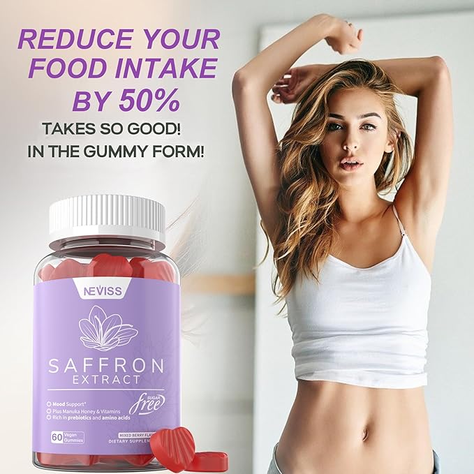 NEVISS Saffron Gummies - Saffron Supplement 100% Pure Saffron Extract Whole Herb Gummies with Honey for Mood & Power, Vitamin B6, B12, D3, C - Sugar Free - Organic, Vegan, Mixed Berry Flavor - 60Cts
