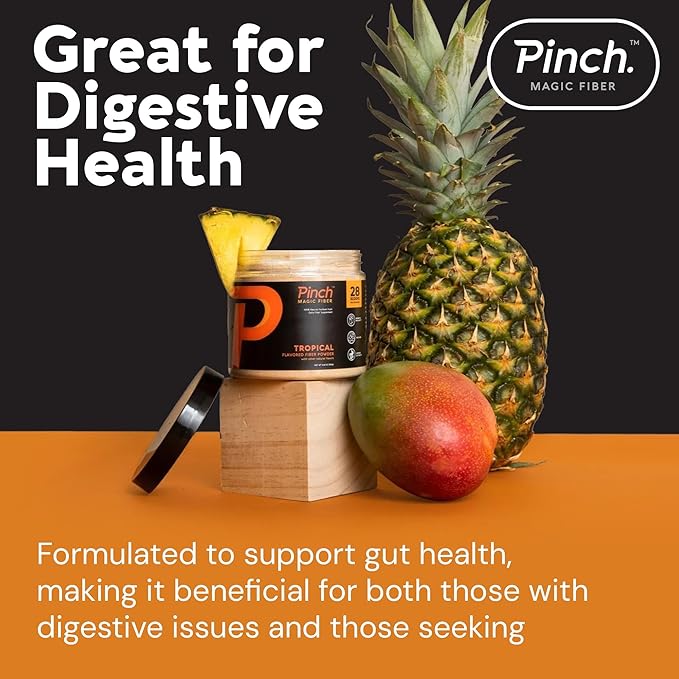 Pinch Magic Fiber Supplement Powder | Tropical Flavored Psyllium Husk Powder for Digestive Health & Gut Support | Sugar Free Supplement for Keto & Vegan Diets | USA-Made | 28-Day Supply