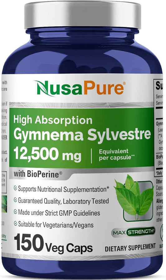 NusaPure Gymnema Sylvestre 50:1 Extract, 250 mg Equivalent to 12,500mg Per Vegan Caps - 150 Count (Non-GMO, Vegan, Bioperine)