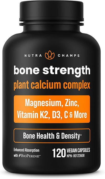 NutraChamps Bone Strength Supplements, Plant Based Calcium Supplement 600mg, Vitamin D3 2000 IU, K2, Magnesium, Potassium, Zinc, Boron & Strontium, 120 Vegan Capsules