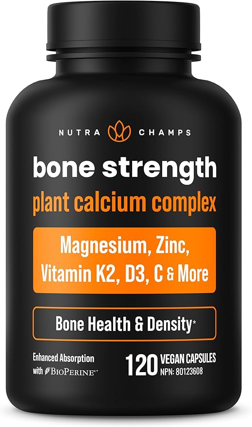 NutraChamps Bone Strength Supplements, Plant Based Calcium Supplement 600mg, Vitamin D3 2000 IU, K2, Magnesium, Potassium, Zinc, Boron & Strontium, 120 Vegan Capsules