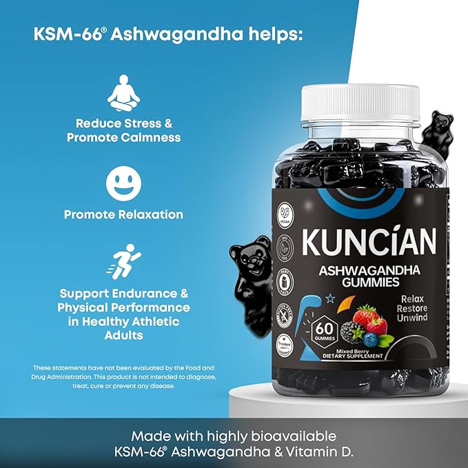 Ashwagandha & Vitamin D Gummy - 60 Count - Mixed Berry, KSM-66, Vegan & Vegetarians, Plant Based, Non-GMO, Gluten-Free & Gelatin Free Relax. Restore. Unwind, (Pack of 1)