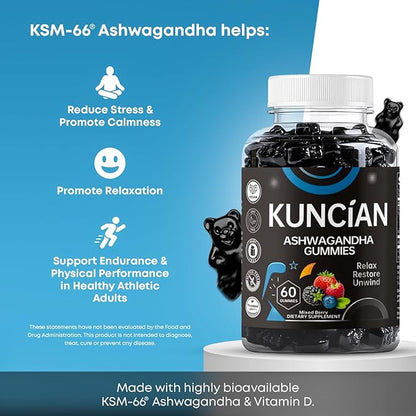 Ashwagandha & Vitamin D Gummy - 60 Count - Mixed Berry, KSM-66, Vegan & Vegetarians, Plant Based, Non-GMO, Gluten-Free & Gelatin Free Relax. Restore. Unwind, (Pack of 1)