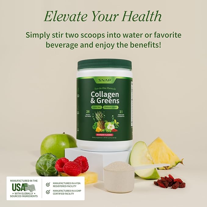 Snap Supplements Super Greens Powder with Collagen Peptides, 26 Fruits and Vegetables, Grass Fed, Non-GMO Daily Greens Superfood for Hair, Skin, Nails & Joint Support, 30 Servings