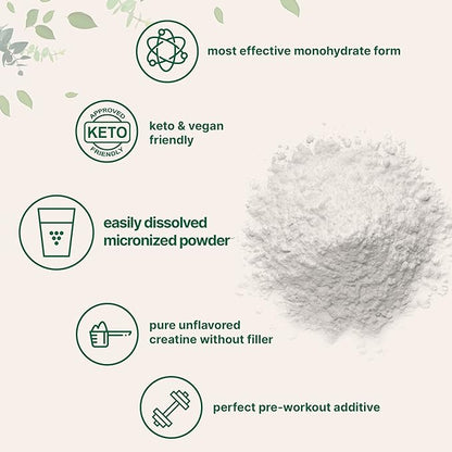 Instant Creatine Monohydrate Powder 1 kg (2.2 Lbs), 5000mg Per Serv, Micronized Creatine Powder, Unflavored, Pure, No Filler, Keto & Vegan Friendly, Easy Dissolve Pre Workout for Women and Men
