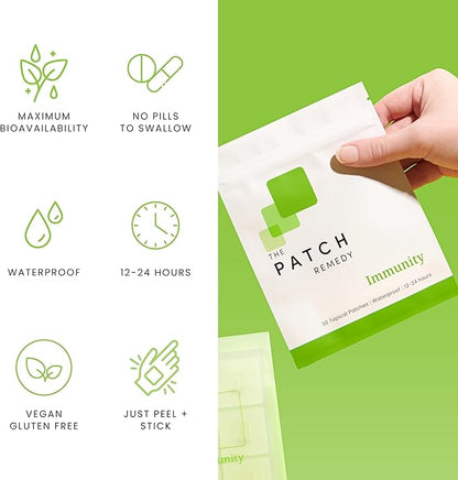 Immunity Patches - 30 Topical Immune Patches Containing Vitamin C, Zinc, Echinacea Extract & Ginkgo Biloba, Lasts 24 Hours