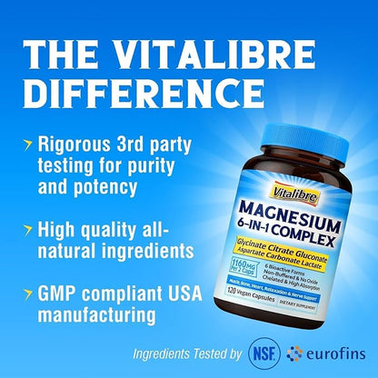 Magnesium Complex Supplement 6 in 1, 1160mg Chelated Magnesium for Max Absorption, Help with Better Sleep, Muscle Relax & Nerve Calm, 120 Vegan Capsules, Non GMO & Gluten Free