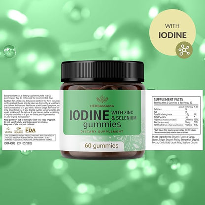 HERBAMAMA Iodine Gummies - Potassium Iodine, Zinc & Selenium for Immune Defense & Brain Support - Vegan, Non-GMO Immune Support Supplement - 60 Pectin-Based Apple-Flavored Chews