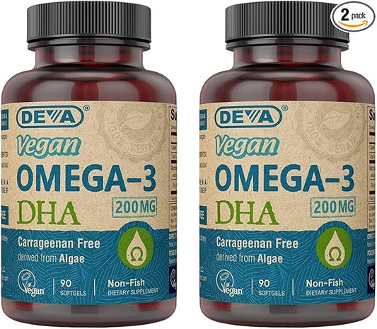 DEVA Vegan Omega-3 DHA Supplement - Once-Per-Day Softgels 200 MG - Carrageenan Free - Gelatin Free - Non-Fish - Algae Oil Omega-3 Fatty Acids - 90 Softgels (Pack of 2)