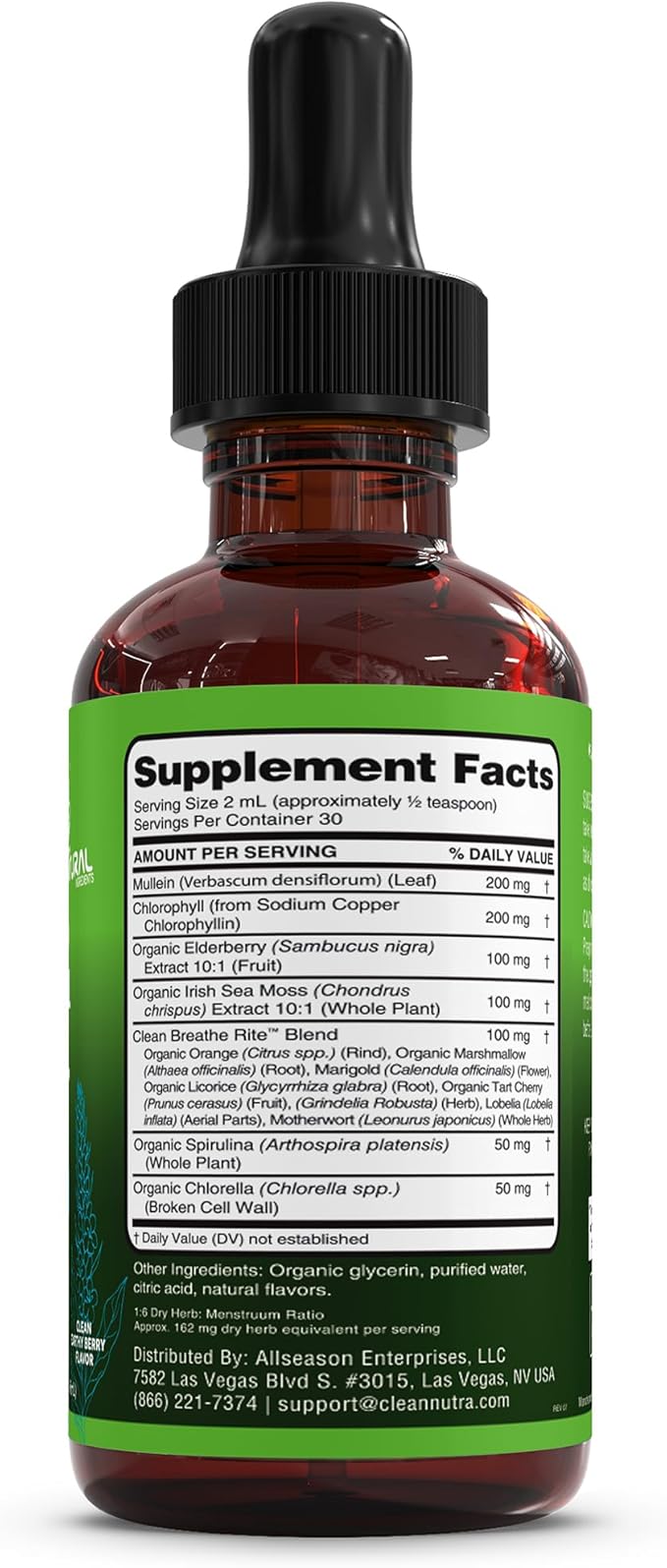 Clean Nutra Mullein Drops for Lungs Organic Chlorophyll Liquid Irish Sea Moss, Spirulina, Licorice, Tart Cherry Lobelia, Motherwort & Elderberry Mullein Leaf Extract Tincture Men Women Supplement