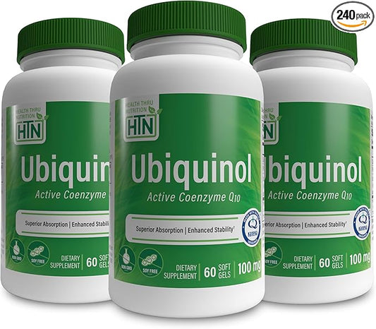 Health Thru Nutrition Ubiquinol 100mg as Kaneka QH Reduced CoQ-10 | Stabilized-3rd Party Tested | Enhanced Bioavailability | Cardiovascular & Mitochondria Function Support | (Pack of 3 60ct Bottles)