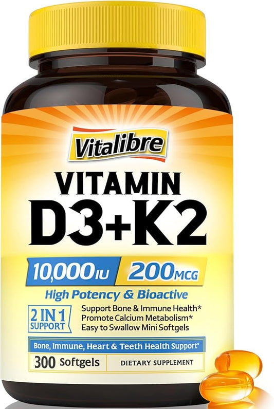 Vitamin D3 K2 Supplement, 10000 IU D3 / 200 mcg K2 MK7, Calcium Absorption, Bone, Heart, Immune & Muscle Support, Enhanced Absorption, No Soy, Easy to Swallow, 300 Softgels