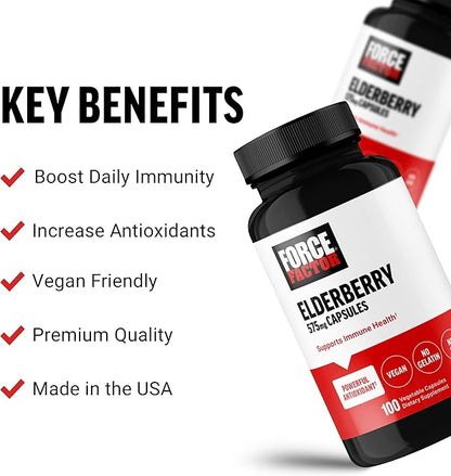 FORCE FACTOR Elderberry Capsules, Immunity Supplement and Antioxidants Supplement for Men and Women, Daily Immunity Boost, Vegan, No Gelatin, Non-GMO, 100 Vegetable Capsules