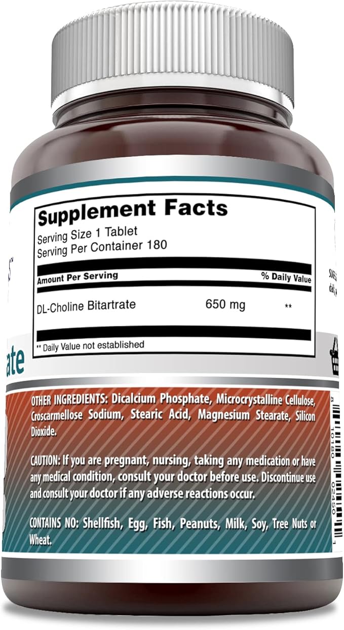 Amazing Formulas Choline Bitartrate Supplement | 650 Mg | 180 Tablets | Non-GMO | Gluten-Free | Made in USA