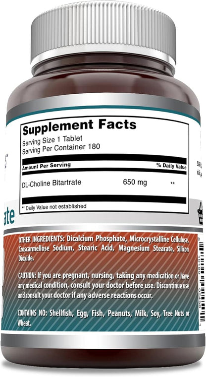 Amazing Formulas Choline Bitartrate Supplement | 650 Mg | 180 Tablets | Non-GMO | Gluten-Free | Made in USA