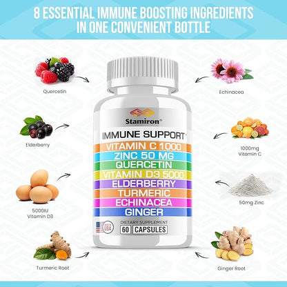 8 in 1 Immune Support with Quercetin Zinc 50mg Vitamin C 1000mg Vitamin D3 5000 IU and Elderberry Echinacea Ginger for Adults Kids - VIT D Supplement Veg Capsules