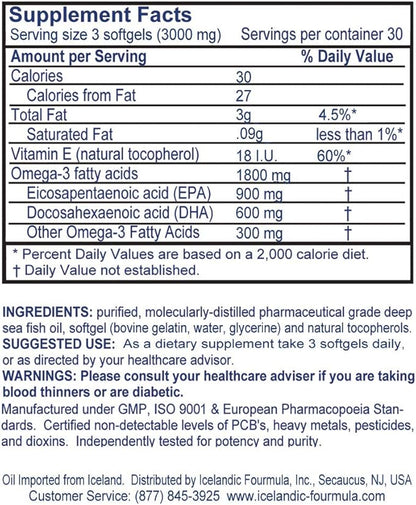 Icelandic Fourmula Quadruple Strength Omega-3 Fish Oil 3000mg High DHA & EPA 90 Softgels