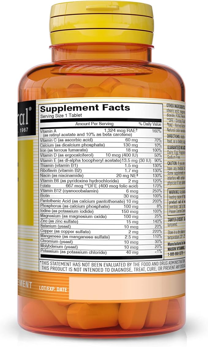 MASON NATURAL Daily Multiple Vitamins with Minerals - 24 Essential Vitamins and Minerals, All in One Multivitamin, Supports Overall Health, 60 Tablets (Pack of 3)