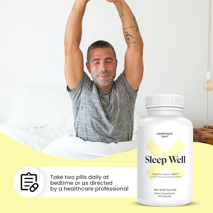 Sleep Well Natural Sleep Aid – Non-Habit Formula Supplement for Adults w/Magnesium, L-Theanine, GABA & Serotonin – Sleep Support Supplement for Adults (60 Capsules, 30 Servings)