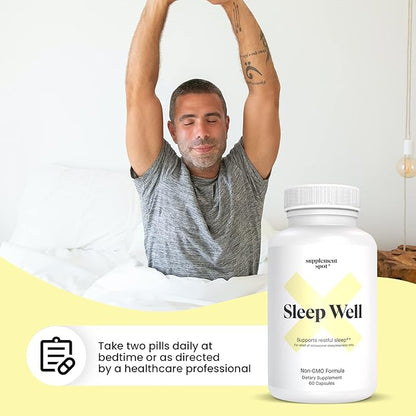 Sleep Well Natural Sleep Aid – Non-Habit Formula Supplement for Adults w/Magnesium, L-Theanine, GABA & Serotonin – Sleep Support Supplement for Adults (60 Capsules, 30 Servings)