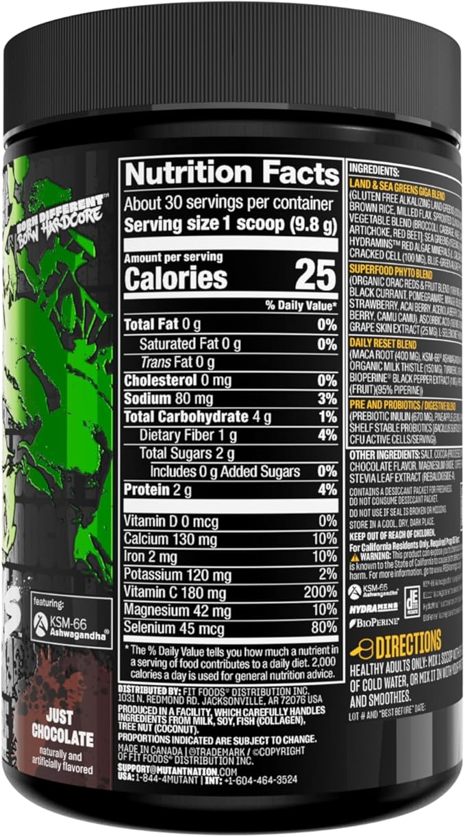 Mutant Big Greens | Green Supplement | Over 40 superfoods Land & Sea Greens – Reds, Antioxidants, phytonutrients, 1000mg spirulina – Pre & Probiotic Blend | 30 Serving – Just Chocolate