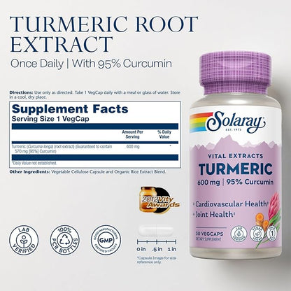 SOLARAY Turmeric Root Extract 570 mg - Turmeric Curcumin Capsules - with 95% Curcumin - Heart Health and Joint Health Support - Lab Verified, 60-Day Guarantee - 60 Servings, 60 VegCaps (30 CT)
