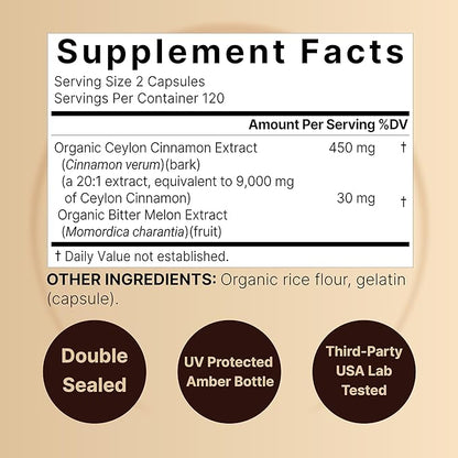NatureBell Ceylon Cinnamon 9,000mg Per Serving, 240 Capsules | Made with Organic Sri Lanka Ceylon Cinnamon and Organic Bitter Melon, 2 in 1 Support – Non-GMO, No Gluten