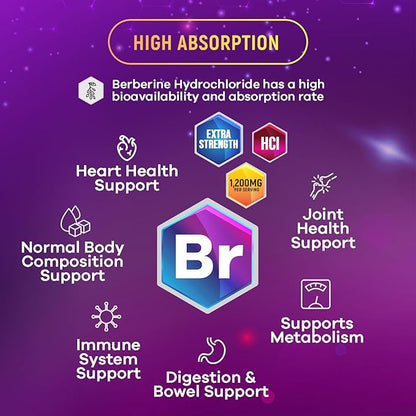 Premium Berberine HCL 1200mg Supplement - Berberine HCI Capsules High Absorption Supplement for Heart Health & Immune Support, High Strength, Gluten-Free, Vegan, Non-GMO Pills - 60 Veggie Capsules