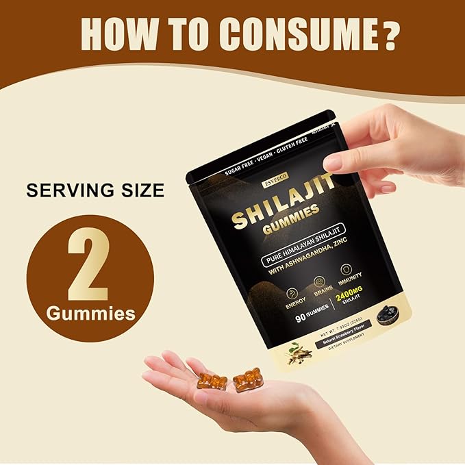 2400mg Pure Himalayan Shilajit Gummies with 2000mg Organic Ashwagandha Supplement for Men & Women, Extra Strength for Ehance Stamina, Immune Support, Vegan, for Adults, 90 Count