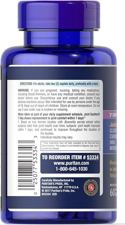 Puritan's Pride 7 Day Formula Joint Soother Glucosamine, Chondroitin, MSM & Boswellia-60 Caplets