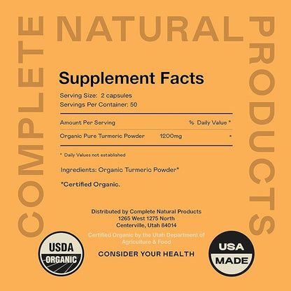 Organic Turmeric Capsules - Raw & Pure Curcumin Root Powder Supplement, 100 Capsules 600mg, Gallbladder, Liver, and Support