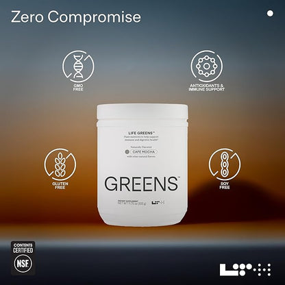 LTH Life Greens - Premium Superfood Powder with Probiotics, Enzymes, Phytonutrients & Fiber from Over 40 Fruits & Vegetables - Supports Antioxidants & Immune Health - Cafe Mocha, 11.75 oz