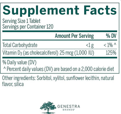 Genestra Brands D3 1000 Chewable | Vitamin D Supplement | 120 Chewable Tablets | Natural Blackcurrant Flavor