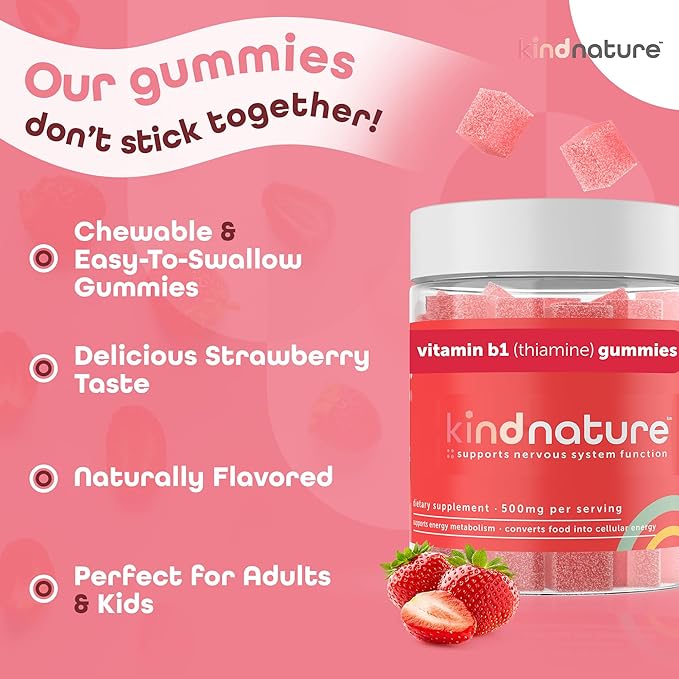 Kind Nature Vitamin B1 Gummies 500mg – High Potency Thiamine Supplement for Energy, Focus & Nervous System – Vegan, Non-GMO Chewable B1 Vitamins for Adults & Kids – Natural Strawberry Flavor – 60 Ct