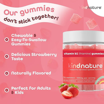 Kind Nature Vitamin B1 Gummies 500mg – High Potency Thiamine Supplement for Energy, Focus & Nervous System – Vegan, Non-GMO Chewable B1 Vitamins for Adults & Kids – Natural Strawberry Flavor – 60 Ct