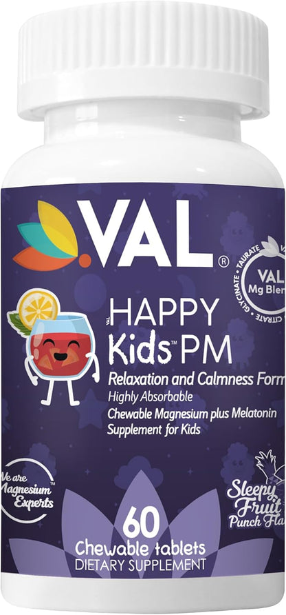 VAL Sugar-Free Calm Magnesium for Kids PM Chewable Tablets | Magnesium Glycinate, Citrate & Taurate | Melatonin & Vitamins B6 & C | Bedtime Support | Non-GMO | Blueberry Yogurt Flavor | 60 Count