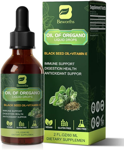 B BEWOTHS Oregano Oil Drops, Oil of Oregano with Black Seed Oil, Vitamin E, Wild Harvest Oil of Oregano Liquid Herbal Blend for Immune, Antioxidant, Digestive Gut Cleanser, Kidney Health Support-Vegan