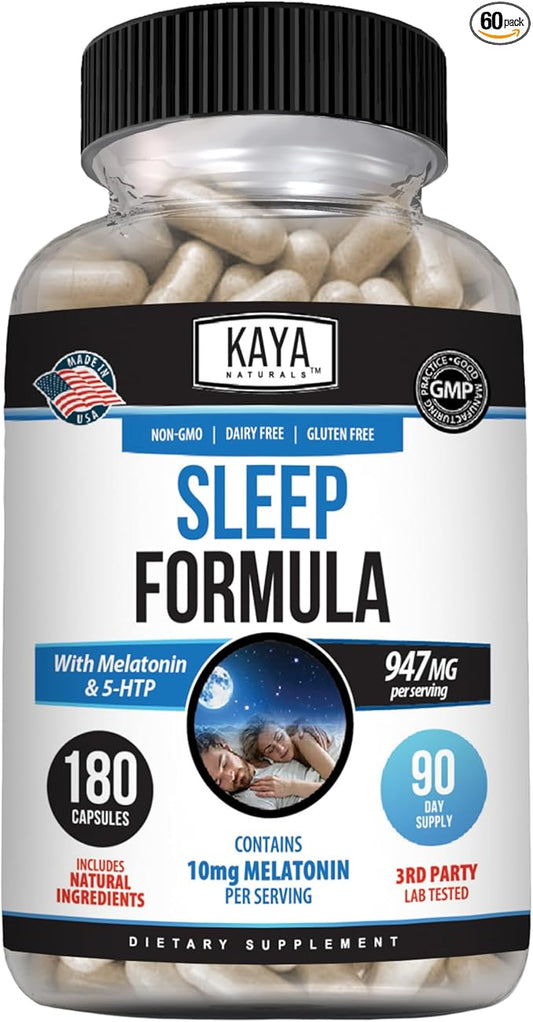 Kaya Naturals - Sleep Support Formula with Melatonin - Aid Support Vitamin Supplement - Sleep Stress and Mood Support - L-Tryptophan, Passion Flower, Ashwagandha and More - 180 Capsules (180 Count)