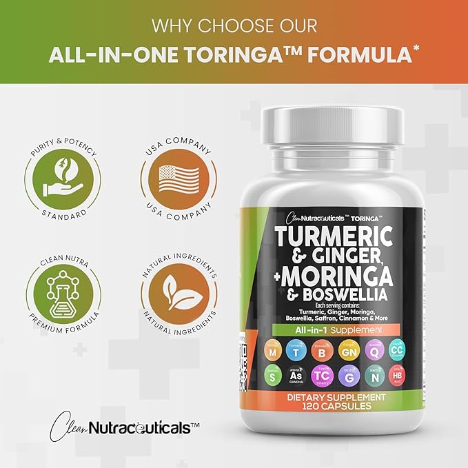 Clean Nutraceuticals Turmeric Moringa Supplement | Ginger Boswellia Saffron - Supplement for Women and Men with Ceylon Cinnamon, Tart Cherry, Quercetin Garlic Nettle Holy Basil - 1Pack