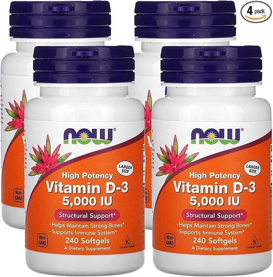 Now Foods Now Supplements, Vitamin D-3 5,000 IU, High Potency, Structural Support*, 240 Softgels (4 Pack)