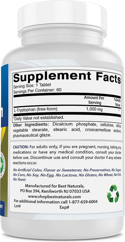 Best Naturals L-Tryptophan 1000 mg 60 Tablets (60 Count (Pack of 3))